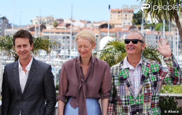 Edward Norton, Tilda Swinton et Bill Murray lors du photocall de Moonrise Kingdom au festival de Cannes le 16 mai 2012