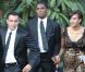 Xavi, Samuel Eto'o et sa femme lors du mariage d'Andrès Iniesta et Anna Ortiz le 8 juillet 2012 au château Castillo de Tamarit en Tarragone