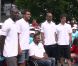Jo-Wilfried Tsonga, Tony Parker, Tony Estanguet, Ladji Doucouré et Marc-André Cratère lors de l'inauguration du Village Kinder le 9 juillet 2012 au Temple-sur-Lot