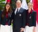 Le couple princier a posé avec Angélique Trinquier, nageuse spécialiste du 100 m dos et porte-drapeau. Le prince Albert et la princesse Charlene de Monaco participaient le 12 juillet 2012 à la présentation de la délégation olympique monégasque pour les JO de Londres 2012, à l'Hôtel Hermitage. Six athlètes porteront les couleurs de la principauté.