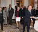 Le prince Albert et la princesse Charlene de Monaco le 12 juillet 2012 lors de la présentation de la délégation olympique monégasque pour les JO de Londres 2012, à l'Hôtel Hermitage. Six athlètes porteront les couleurs de la principauté.