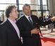 Jack Lang et Tarak Ben Ammar lors de la conférence de presse pour l'inauguration de la Cité du cinéma à Saint-Denis dans le 93 le 21 septembre 2012
