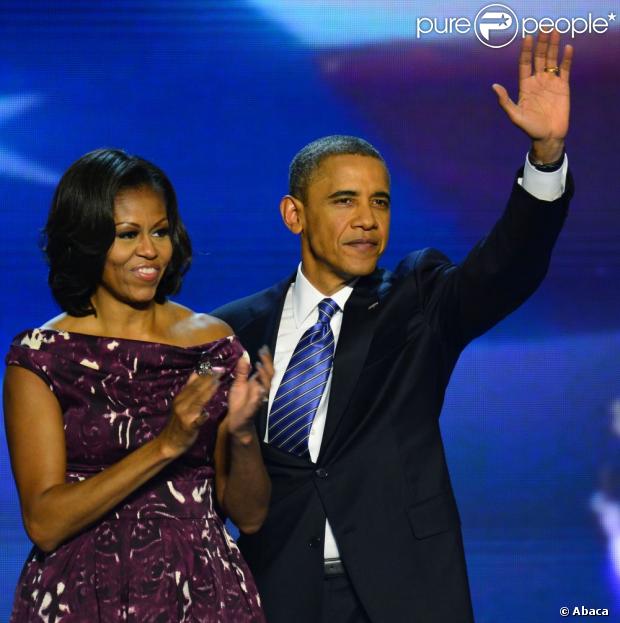 Barack Obama, sa femme Michelle lors de la convention nationale démocrate au Times Warner Cable Arena de Charlotte le 6 septembre 2012