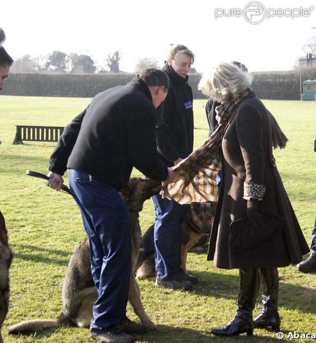 Camilla Parker-Bowles en visite dans un centre d'entraînement d'une brigade canine à Keston