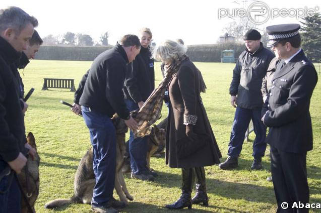 Camilla Parker-Bowles en visite dans un centre d'entraînement d'une brigade canine à Keston