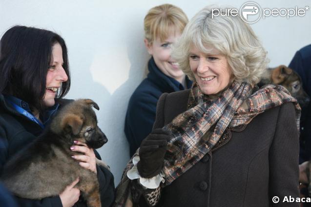 Camilla Parker-Bowles en visite dans un centre d'entraînement d'une brigade canine à Keston