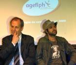 Jamel Debbouze, parrain de l'Agefiph, ici avec son président Tanguy du Chéné, présente au Jamel Comedy Club la nouvelle campagne de l'association