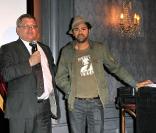 Jamel Debbouze, parrain de l'Agefiph, ici avec son président Tanguy du Chéné, présente au Jamel Comedy Club la nouvelle campagne de l'association