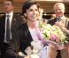 Rachida Dati, très émue d"avoir reçu un cadeau pour sa petite fille. Dugny, le 10/04/09 