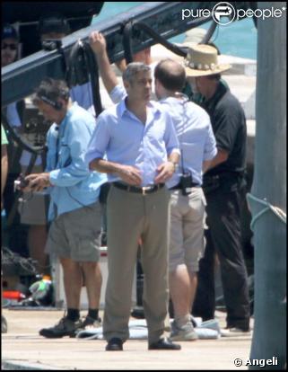 George Clooney sur le tournage à Miami de son nouveau film Up in the air réalisé par Jason Reitman le 11 mai 2009