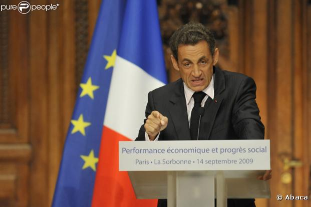 Nicolas Sarkozy lors de la remise du rapport Stiglitz, le 14/09/09, à la Sorbonne.