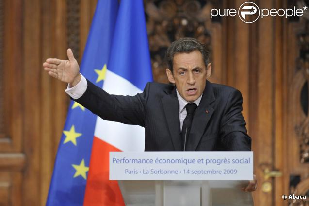 Nicolas Sarkozy lors de la remise du rapport Stiglitz, le 14/09/09, à la Sorbonne.