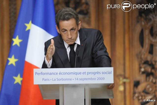 Nicolas Sarkozy lors de la remise du rapport Stiglitz, le 14/09/09, à la Sorbonne.