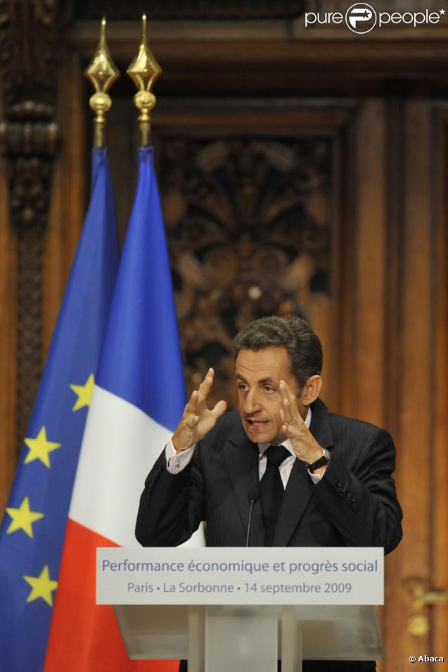 Nicolas Sarkozy lors de la remise du rapport Stiglitz, le 14/09/09, à la Sorbonne.