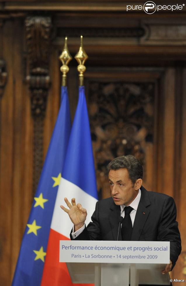 Nicolas Sarkozy lors de la remise du rapport Stiglitz, le 14/09/09, à la Sorbonne.