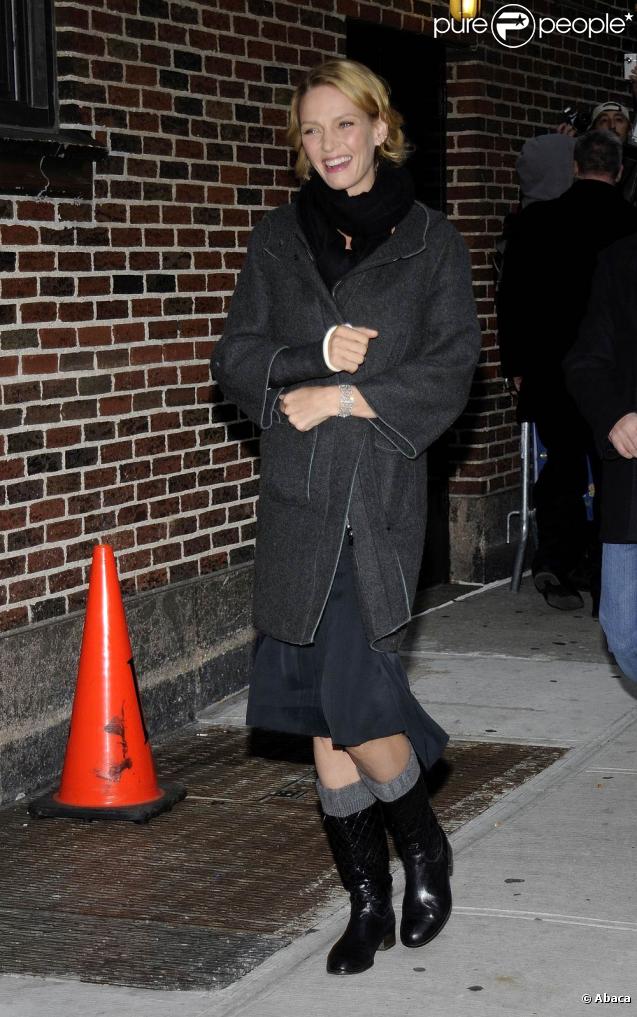 Uma Thurman, à l'occasion de l'enregistrement du  Late Show with David Letterman , à New York, le 12 octobre 2009 !