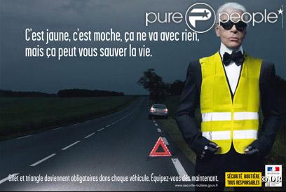 Karl Lagerfeld n'a jamais porté de gilet jaune, cette campagne pour la Sécurité Routière est un photomontage.