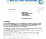 La lettre envoyée par l'Alliance Ecologiste Indépendante à Brigitte Bardot en septembre 2010. 
