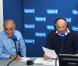 Nicolas Canteloup fête sa 1000ème sur Europe 1, entouré de Marc-Olivier Fogiel, Julie, Jean-Pierre Elkabbach, Laurent Fabius et Laurent Cabrol.