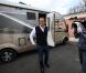 Jean-Luc Delarue repond a des lyceens sur les risques de l'addiction aux drogues lors d'une etape a Tourcoin, France, le 11 mars 2011, dans le cadre de son tour de France en camping-car, visant a sensibiliser les jeunes aux dangers de l'addiction.
