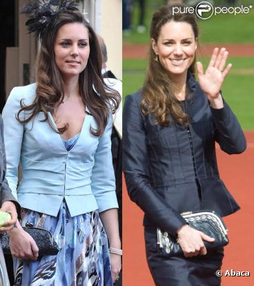 Kate Middleton a  progressivement affiné sa silhouette au  cours des années. A gauche, le 19 juillet 2008, lors du mariage de Lady Rose Windsor et de George Gilman ; à droite, en avril 2011, dans le Lancashire.