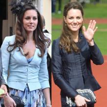 Kate Middleton a  progressivement affiné sa silhouette au  cours des années. A gauche, le 19 juillet 2008, lors du mariage de Lady Rose Windsor et de George Gilman ; à droite, en avril 2011, dans le Lancashire.<br />