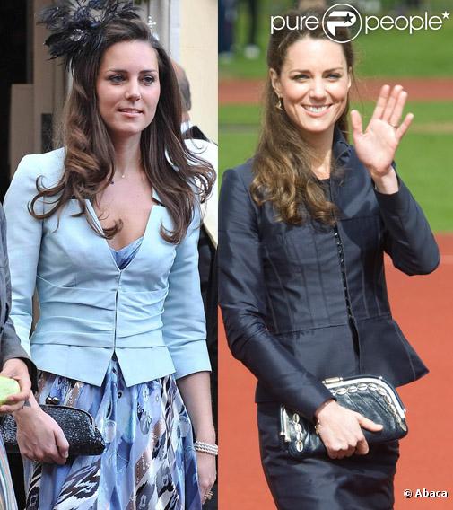 Kate Middleton a  progressivement affiné sa silhouette au  cours des années. A gauche, le 19 juillet 2008, lors du mariage de Lady Rose Windsor et de George Gilman ; à droite, en avril 2011, dans le Lancashire.