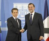 Rencontre entre Nicolas Sarkozy et Mariano Rajoy, chef du nouveau gouvernement espagnol en fonction depuis le 21 décembre 2011, à Madrid, le 16 janvier 2012.