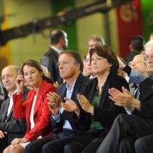 Laurent Fabius, Ségolène Royal, Martine Aubry, Lionel Jospin... Les ténors du Parti socialiste lors du rassemblement de François Hollande au Bourget, le 22 janvier 2012.