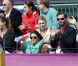 Le prince héritier Guillaume de Luxembourg et sa fiancée dans les tribunes de Wimbledon avec la princesse Alexandra et la grande-duchesse Maria Teresa, à Londres le 31 juillet 2012, pour le second tour de Gilles Muller, battu par Istomin.