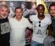 Bruno Genesio, Joel Bats, Sydney Govou et Jeremy Clement lors de la soirée de présentation du sixième Foot Concert au profit de l'association Huntington Avenir au Palais des sports de Lyon le 10 septembre 2012