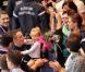 Laure Manaudou avec sa fille Manon felicite son compagnon Frederick Bousquet, vainqueur du relais masculin 4x50m 4 nages lors des Championnats d' Europe de Natation a Chartres le 22 novembre 2012.