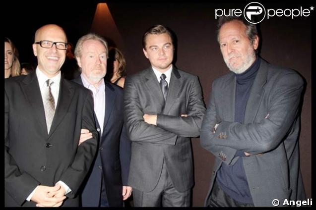 Donald De Line, le producteur, Sir Ridley Scott, le réalisateur, Leonardo DiCaprio, et Francis Boesflug, le DG Warner France