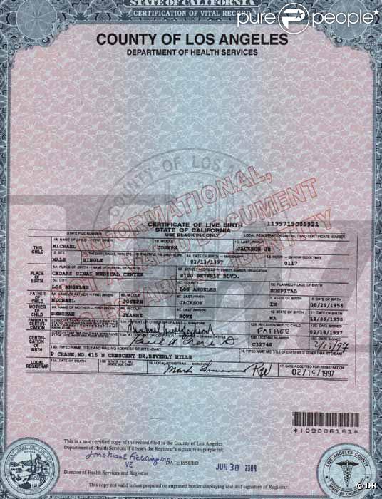 Certificat de naissance des deux premiers enfants de Michael Jackson