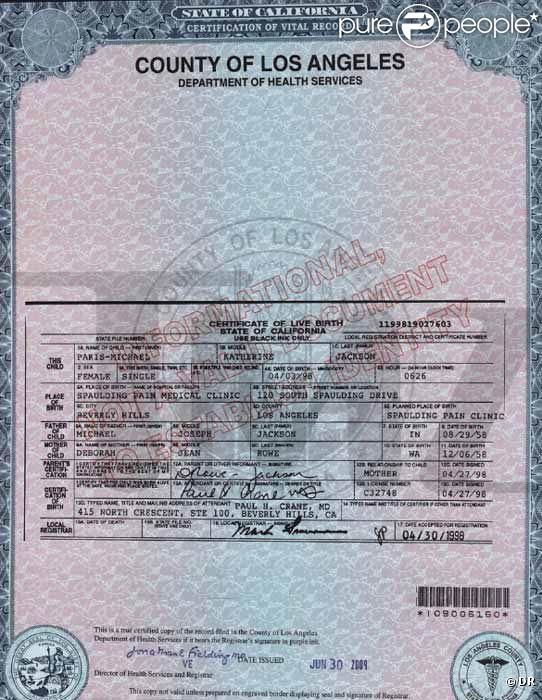 Certificat de naissance des deux premiers enfants de Michael Jackson