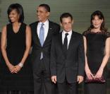Carla Bruni, Nicolas Sarkozy, Michelle Obama et Barack Obama à Baden-Baden aux côtés d'Angela Merkel. 3/04/2009 