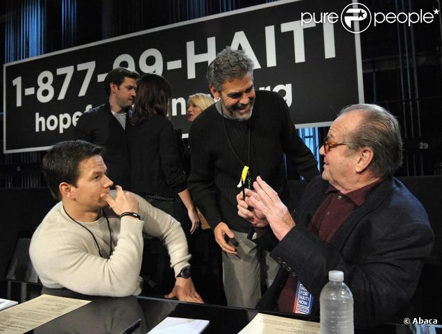 George Clooney, Mark Wahlberg et Jack Nicholson à Los Angeles pendant le Téléthon pour Haïti organisé le 22 janvier par George Clooney et Wyclef Jean.