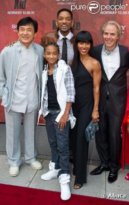 Jackie Chan, Jaden Smith, Will Smith, Jada Pinkett Smith et Harald Zwart lors de l'avant-première de Karate Kid à Friedrikstad en Norvège le 23 juillet 2010