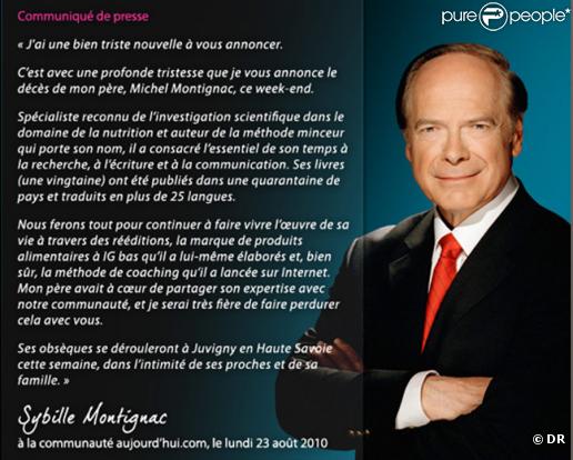 Communiqué de Sybille Montignac pour annoncer le décès de son papa  Michel Montignac...