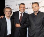 Alain Prost, Jean-Christophe Babin et Leonardo DiCaprio lors de la célébration des 150 ans de la marque Tag Heuer à Paris le 29 septembre 2010