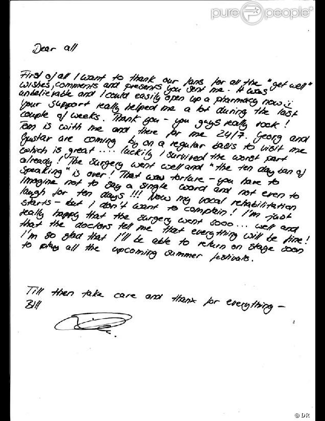 La lettre de Bill pour ses fans