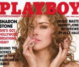 Juillet 1990 : élue Playmate du mois, Sharon Stone prend la pose en topless et accessoirisée de glaçons pour le magazine masculin. <br />