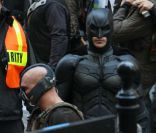 Christian Bale face à Tom Hardy sur le tournage de The Dark Knight Rises, à New York le 5 novembre 2011