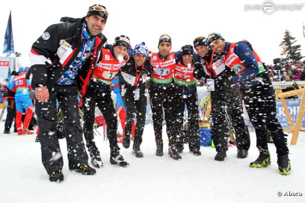 Vincent Jay, Simon Fourcade, Alexis Boeuf et Martin Fourcade le 11 décembre 2011 à Hochfilzen en Autriche lors du relais 4x7,5 km