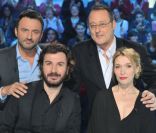 <p>Frédéric Lopez, Jean Reno, Michael Youn et Anne Marivin lors de l\'enregistrement de l\'émission Leurs secrets du bonheur, diffusée sur France 2 le 7 février en prime time,le 30 janvier 2012</p>