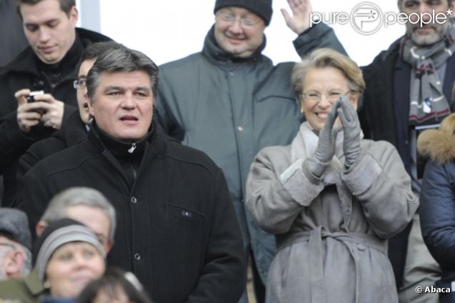 David Douillet Michèle Alliot Marie lors du match face à l'Italie lors du Tournoi des VI Nations le 4 février 2012 à Saint-Denis