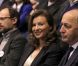 Erik Orsenna, Denis Podalydès, Valérie Trierweiler et Laurent Fabius au meeting François Hollande au Zénith de Rouen, sa ville natale, le 15 février 2012.