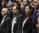 Erik Orsenna, Denis Podalydès, Yves Simon, Valérie Trierweiler et Laurent Fabius au meeting François Hollande au Zénith de Rouen, sa ville natale, le 15 février 2012.