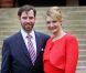 Photo des fiançailles du grand-duc héritier Guillaume de Luxembourg et de la comtesse Stéphanie de Lannoy, le 27 avril 2012, au château de Berg, à l'issue du déjeuner réunissant leurs deux familles, au lendemain de l'annonce de leurs fiançailles.