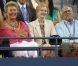 Keith Urban, Shari Vegosen, Nicole Kidman et Jon Vegosen observent la rencontre entre Andy Roddick et Bernard Tomic dans les tribunes du Arthur Ashe Stadium lors de l'US Open. New York, le 31 août 2012.